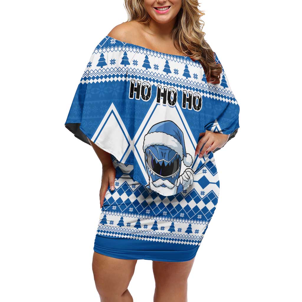 Personalized Power Blue Ranger Santa Claus Off Shoulder Short Dress Funny Christmas - Wonder Print Shop