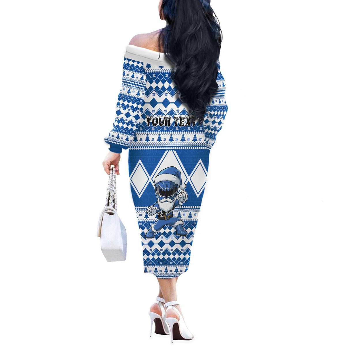 Personalized Power Blue Ranger Santa Claus Off The Shoulder Long Sleeve Dress Funny Christmas - Wonder Print Shop