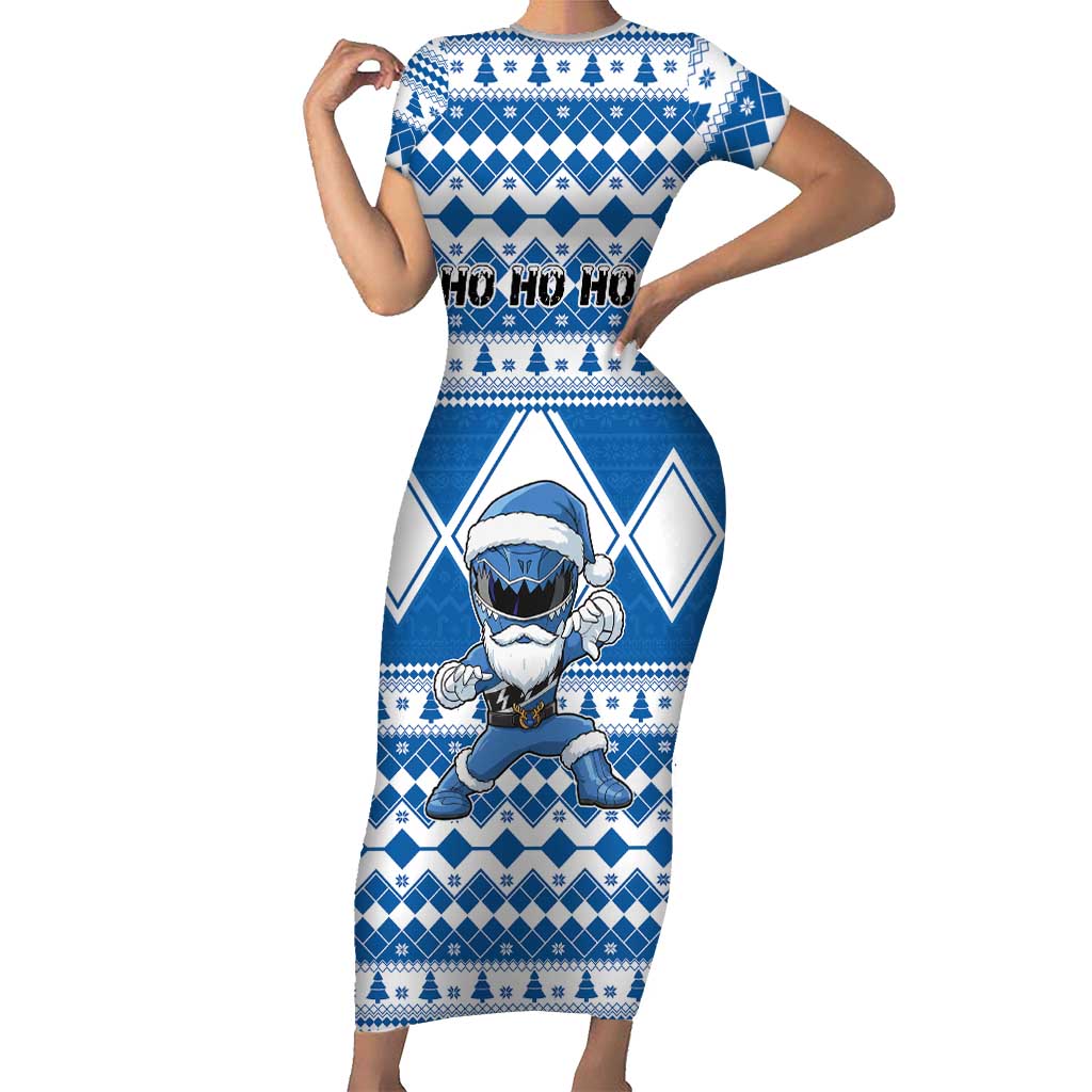Personalized Power Blue Ranger Santa Claus Short Sleeve Bodycon Dress Funny Christmas - Wonder Print Shop