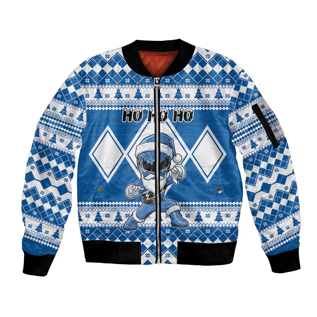 Personalized Power Blue Ranger Santa Claus Sleeve Zip Bomber Jacket Funny Christmas - Wonder Print Shop