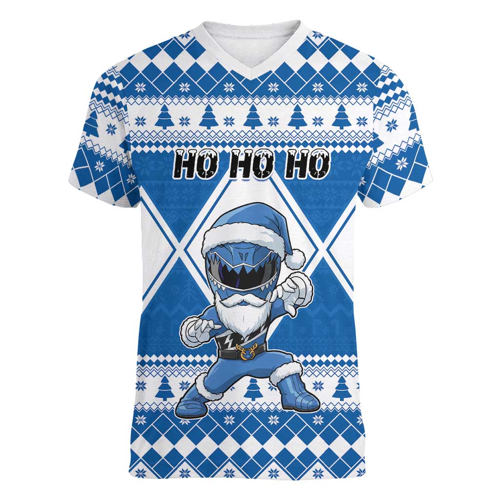Personalized Power Blue Ranger Santa Claus Women V-Neck T-Shirt Funny Christmas - Wonder Print Shop