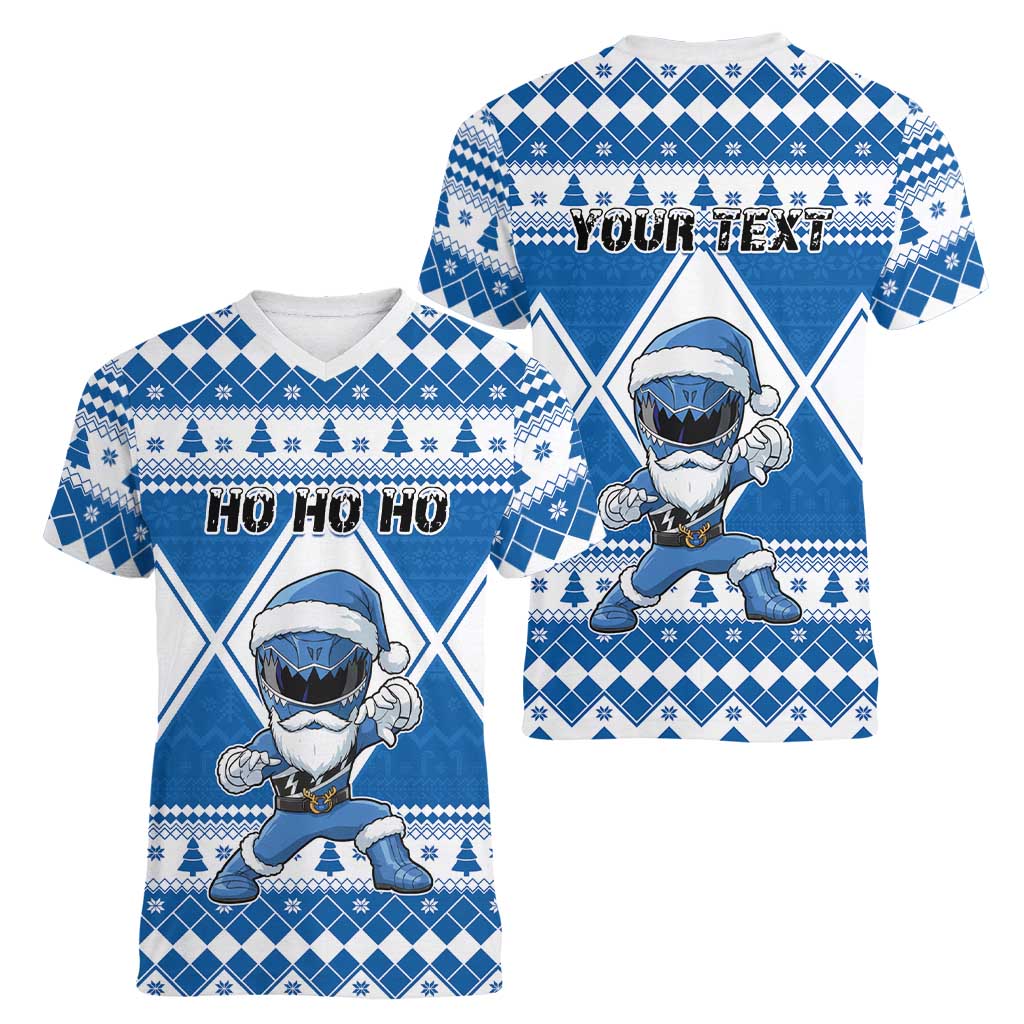 Personalized Power Blue Ranger Santa Claus Women V-Neck T-Shirt Funny Christmas - Wonder Print Shop