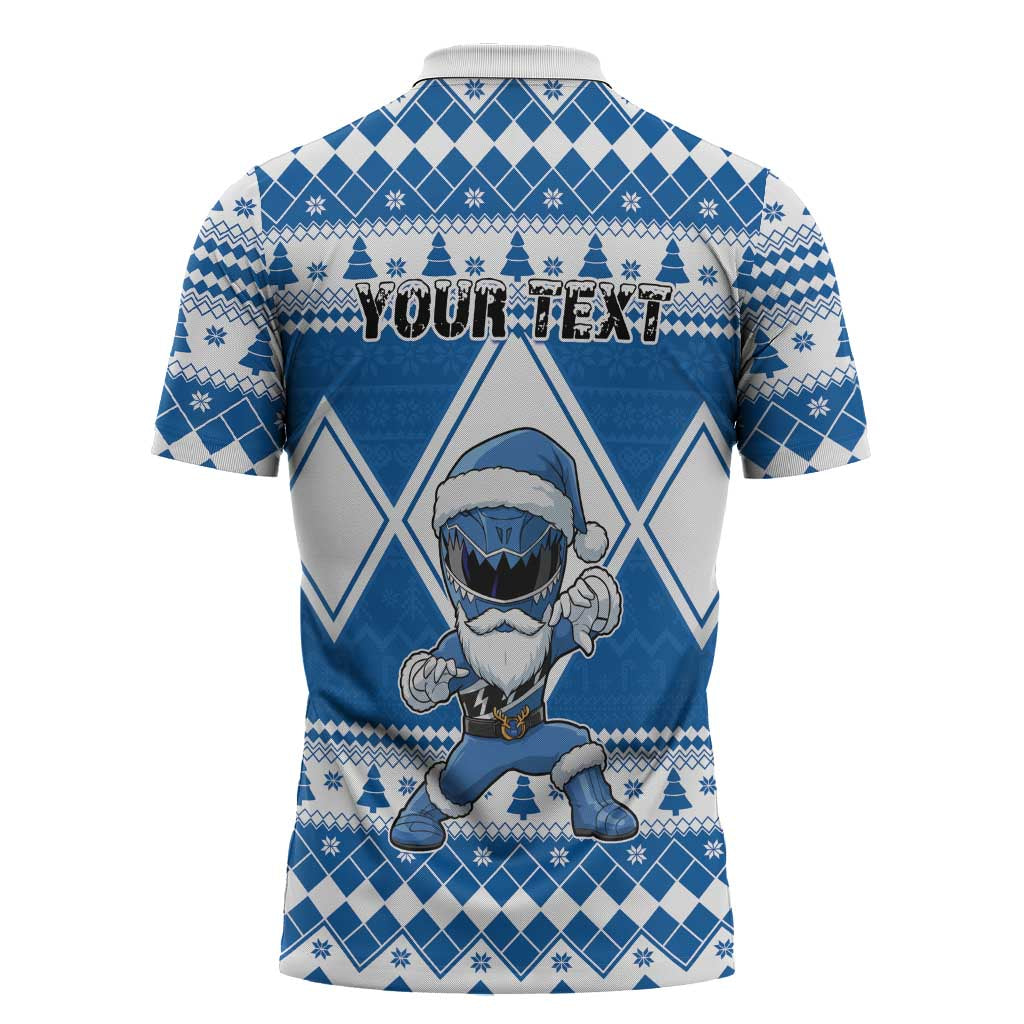 Personalized Power Blue Ranger Santa Claus Zipper Polo Shirt Funny Christmas - Wonder Print Shop