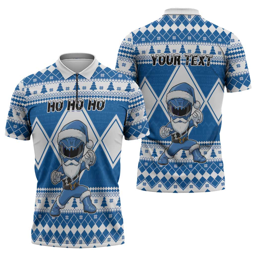 Personalized Power Blue Ranger Santa Claus Zipper Polo Shirt Funny Christmas - Wonder Print Shop