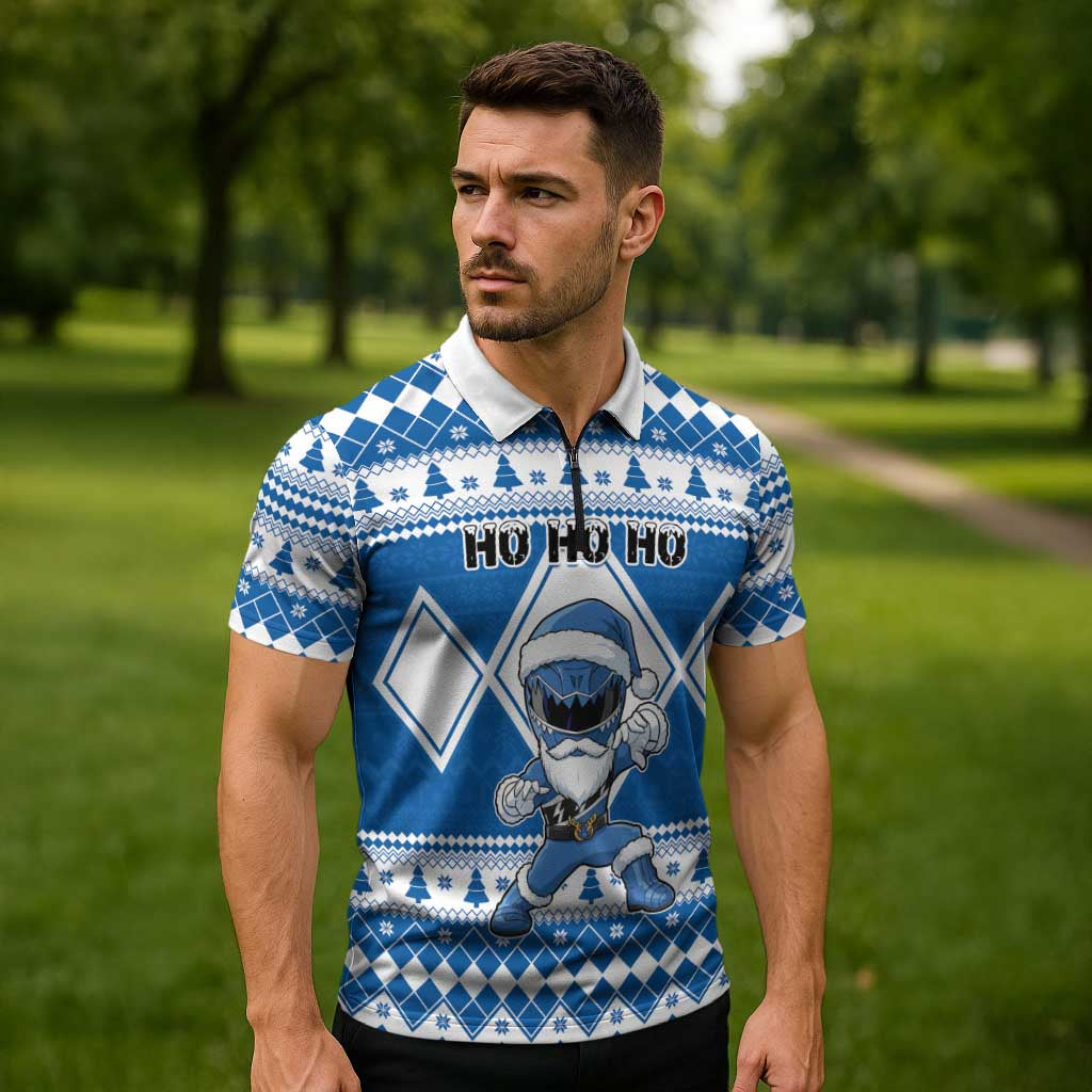 Personalized Power Blue Ranger Santa Claus Zipper Polo Shirt Funny Christmas - Wonder Print Shop
