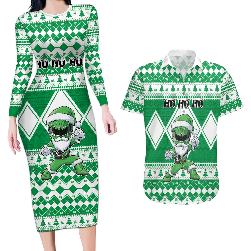 Personalized Power Green Ranger Santa Claus Couples Matching Long Sleeve Bodycon Dress and Hawaiian Shirt Funny Christmas - Wonder Print Shop