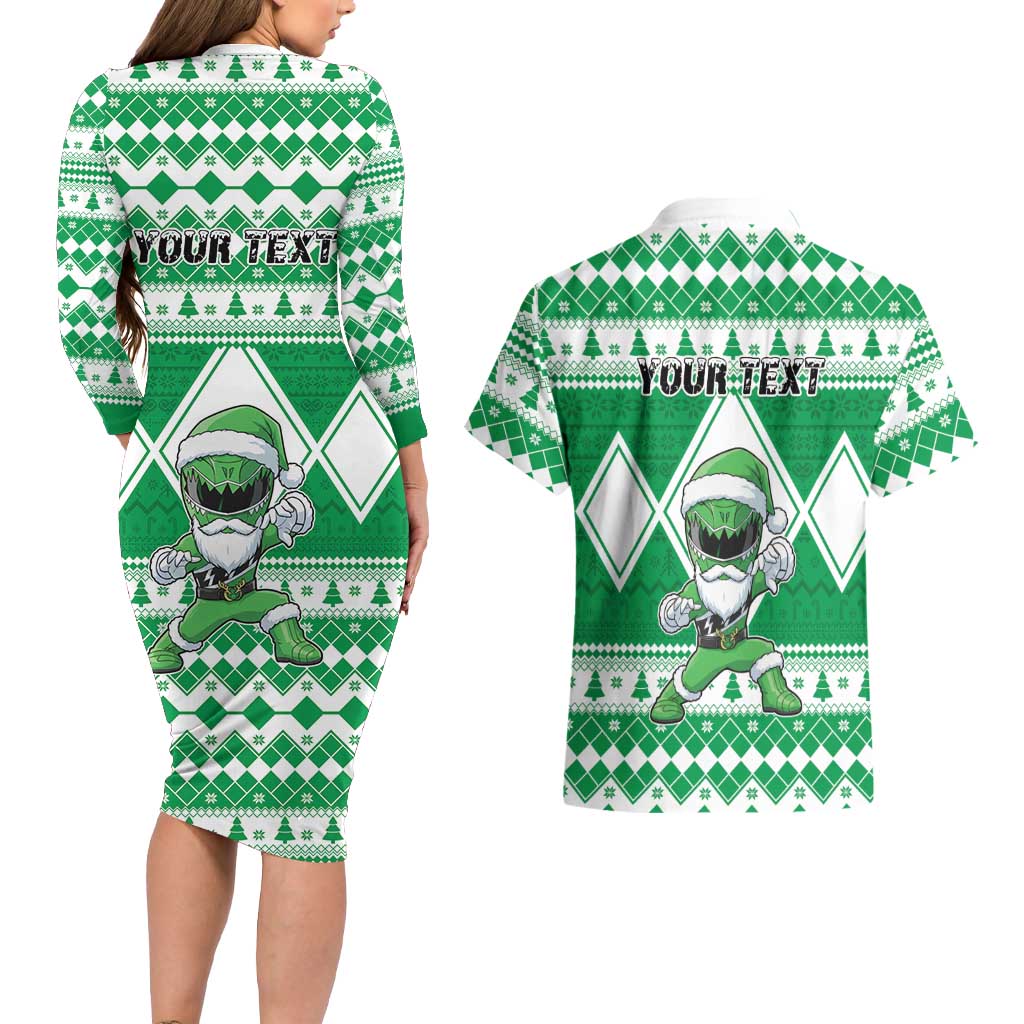 Personalized Power Green Ranger Santa Claus Couples Matching Long Sleeve Bodycon Dress and Hawaiian Shirt Funny Christmas - Wonder Print Shop