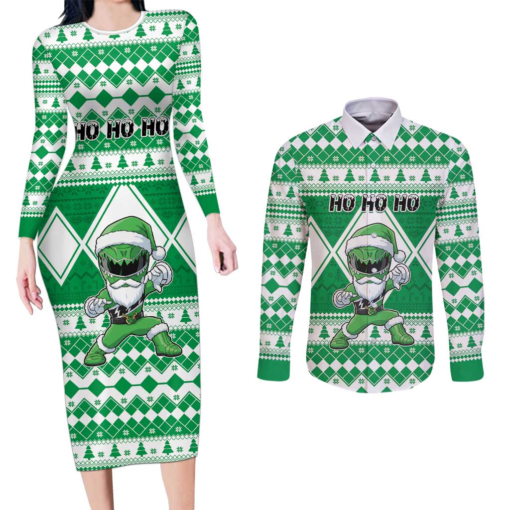 Personalized Power Green Ranger Santa Claus Couples Matching Long Sleeve Bodycon Dress and Long Sleeve Button Shirt Funny Christmas - Wonder Print Shop