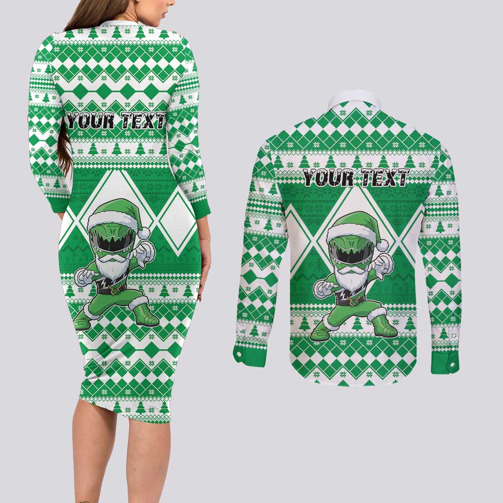 Personalized Power Green Ranger Santa Claus Couples Matching Long Sleeve Bodycon Dress and Long Sleeve Button Shirt Funny Christmas - Wonder Print Shop
