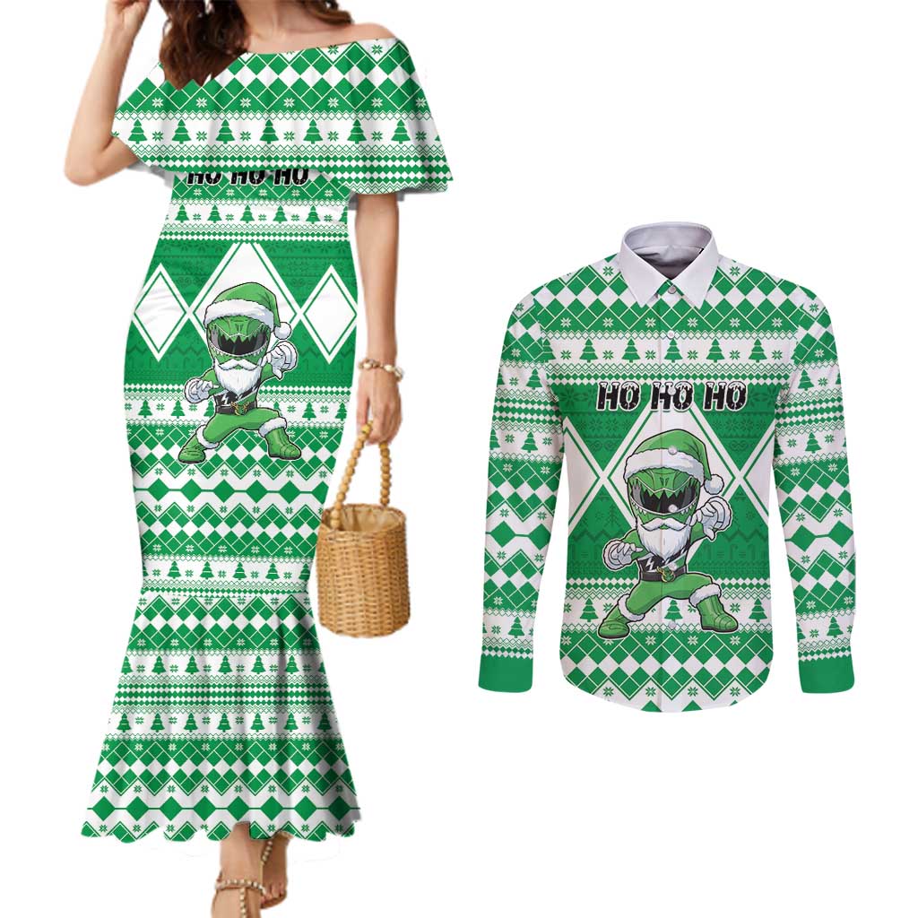 Personalized Power Green Ranger Santa Claus Couples Matching Mermaid Dress and Long Sleeve Button Shirt Funny Christmas - Wonder Print Shop