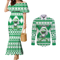 Personalized Power Green Ranger Santa Claus Couples Matching Mermaid Dress and Long Sleeve Button Shirt Funny Christmas - Wonder Print Shop
