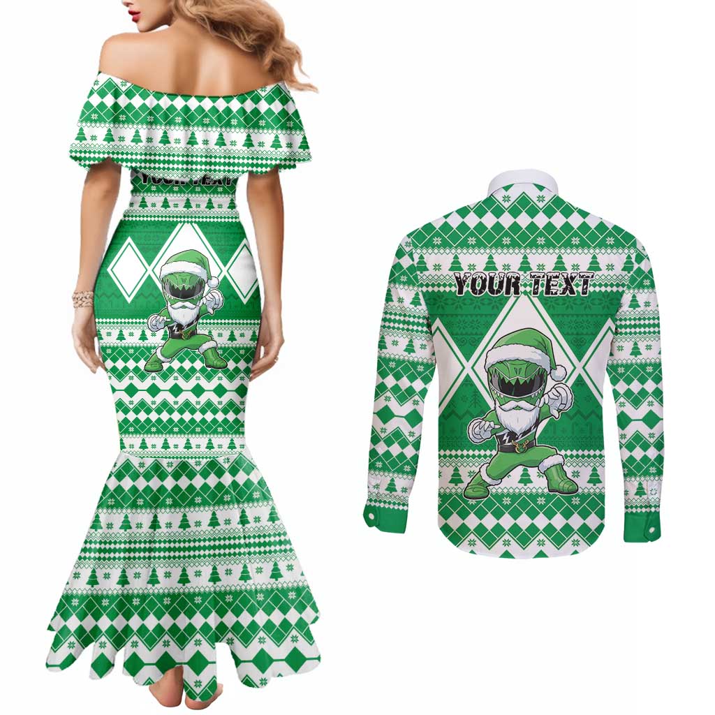 Personalized Power Green Ranger Santa Claus Couples Matching Mermaid Dress and Long Sleeve Button Shirt Funny Christmas - Wonder Print Shop
