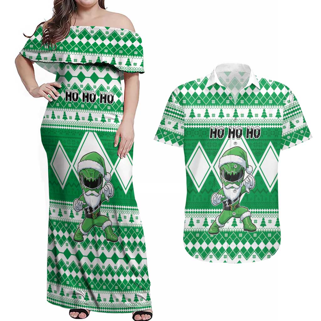 Personalized Power Green Ranger Santa Claus Couples Matching Off Shoulder Maxi Dress and Hawaiian Shirt Funny Christmas - Wonder Print Shop