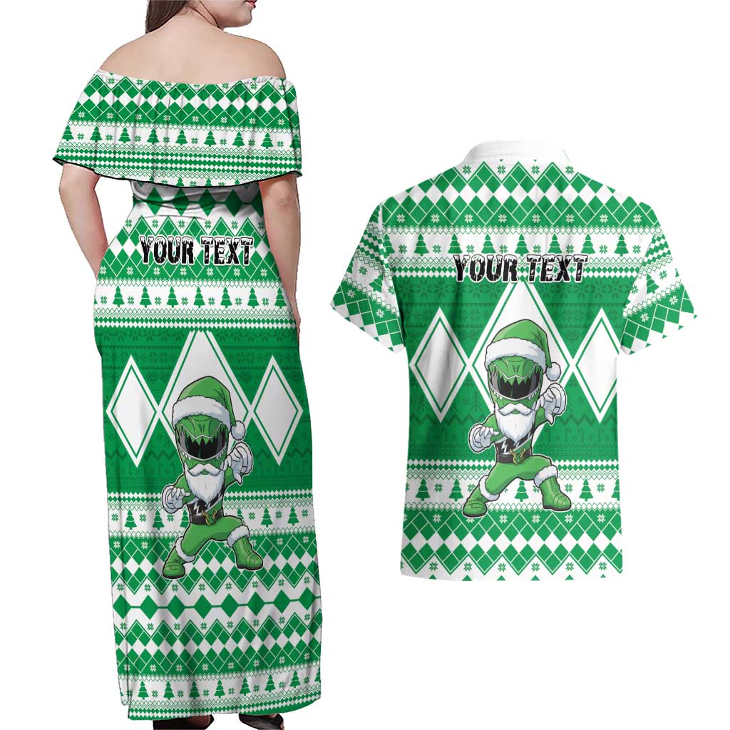 Personalized Power Green Ranger Santa Claus Couples Matching Off Shoulder Maxi Dress and Hawaiian Shirt Funny Christmas - Wonder Print Shop