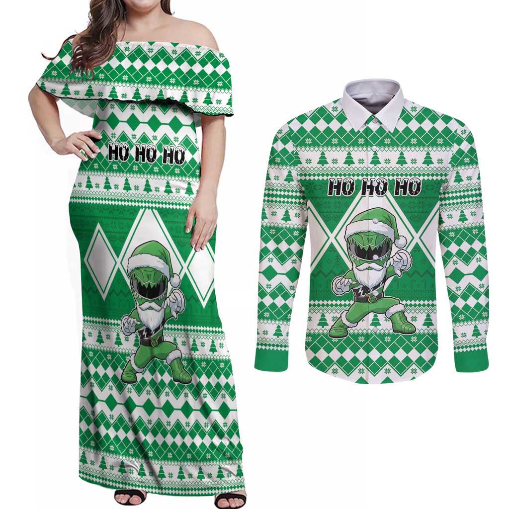 Personalized Power Green Ranger Santa Claus Couples Matching Off Shoulder Maxi Dress and Long Sleeve Button Shirt Funny Christmas - Wonder Print Shop