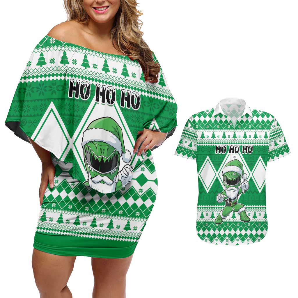 Personalized Power Green Ranger Santa Claus Couples Matching Off Shoulder Short Dress and Hawaiian Shirt Funny Christmas - Wonder Print Shop