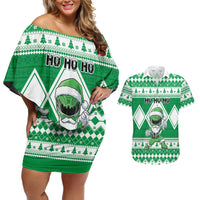 Personalized Power Green Ranger Santa Claus Couples Matching Off Shoulder Short Dress and Hawaiian Shirt Funny Christmas - Wonder Print Shop