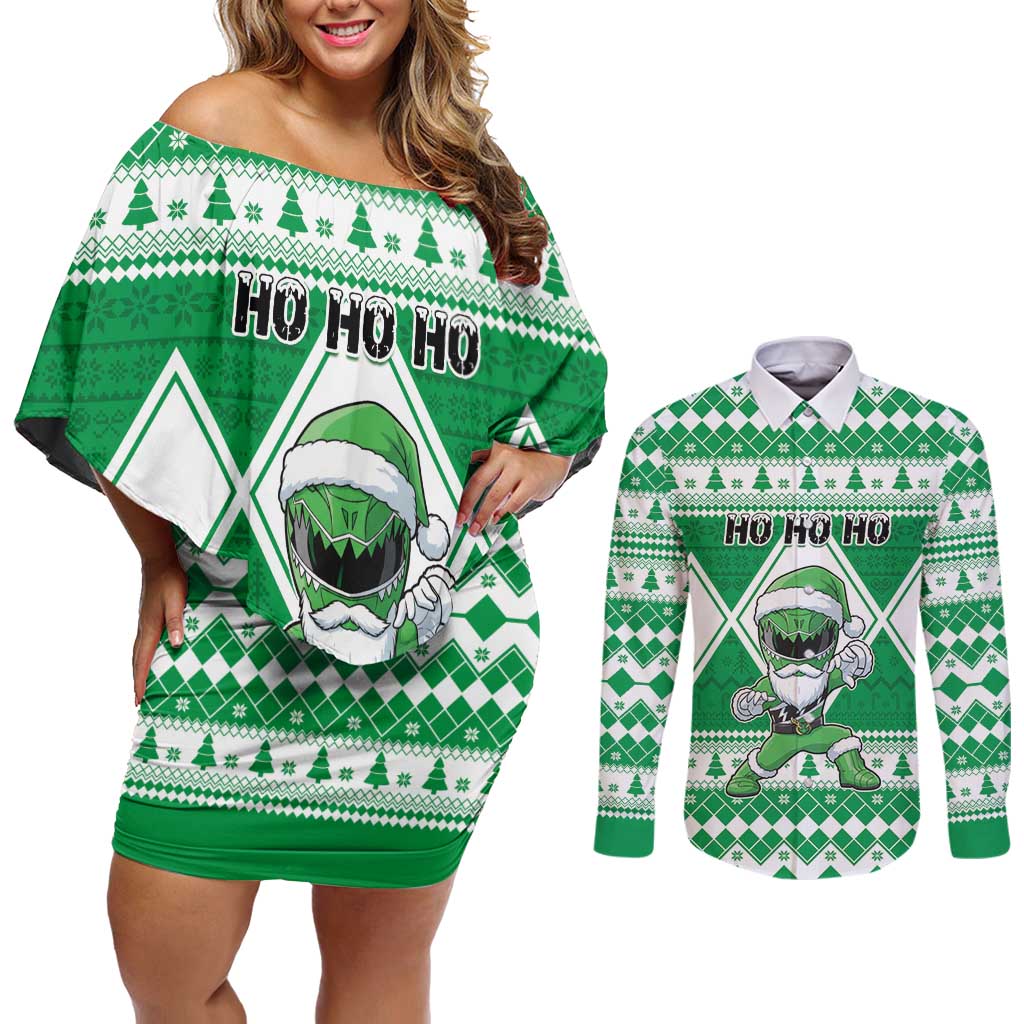 Personalized Power Green Ranger Santa Claus Couples Matching Off Shoulder Short Dress and Long Sleeve Button Shirt Funny Christmas - Wonder Print Shop