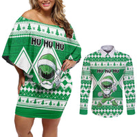 Personalized Power Green Ranger Santa Claus Couples Matching Off Shoulder Short Dress and Long Sleeve Button Shirt Funny Christmas - Wonder Print Shop
