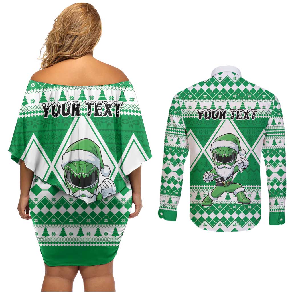 Personalized Power Green Ranger Santa Claus Couples Matching Off Shoulder Short Dress and Long Sleeve Button Shirt Funny Christmas - Wonder Print Shop