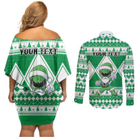 Personalized Power Green Ranger Santa Claus Couples Matching Off Shoulder Short Dress and Long Sleeve Button Shirt Funny Christmas - Wonder Print Shop