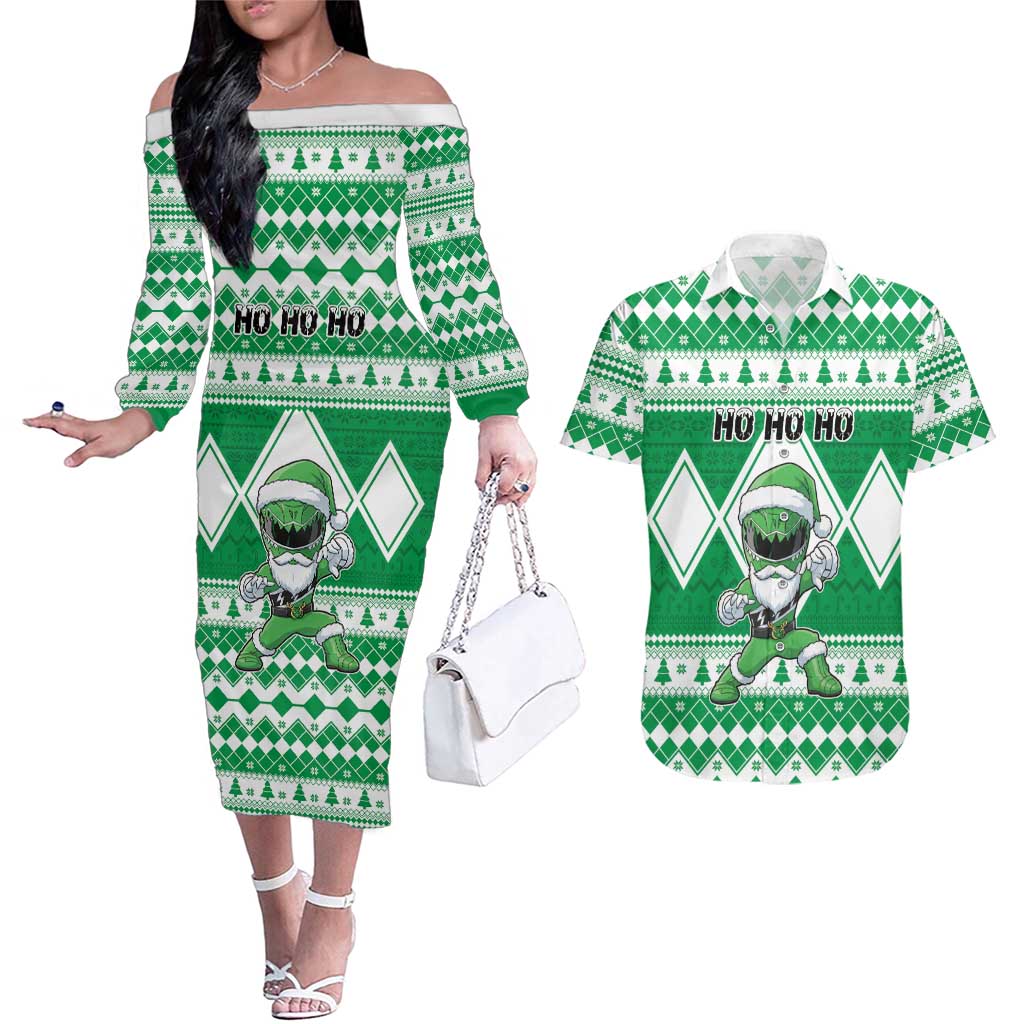 Personalized Power Green Ranger Santa Claus Couples Matching Off The Shoulder Long Sleeve Dress and Hawaiian Shirt Funny Christmas - Wonder Print Shop