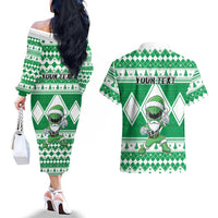Personalized Power Green Ranger Santa Claus Couples Matching Off The Shoulder Long Sleeve Dress and Hawaiian Shirt Funny Christmas - Wonder Print Shop