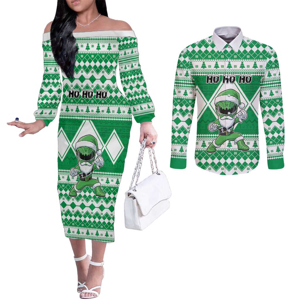 Personalized Power Green Ranger Santa Claus Couples Matching Off The Shoulder Long Sleeve Dress and Long Sleeve Button Shirt Funny Christmas - Wonder Print Shop