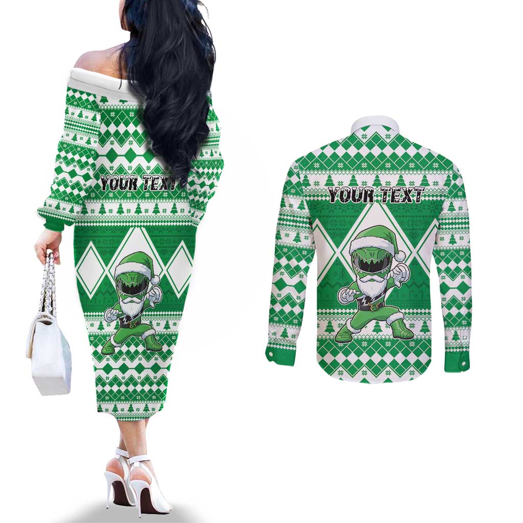 Personalized Power Green Ranger Santa Claus Couples Matching Off The Shoulder Long Sleeve Dress and Long Sleeve Button Shirt Funny Christmas - Wonder Print Shop