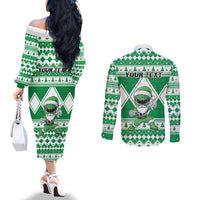 Personalized Power Green Ranger Santa Claus Couples Matching Off The Shoulder Long Sleeve Dress and Long Sleeve Button Shirt Funny Christmas - Wonder Print Shop