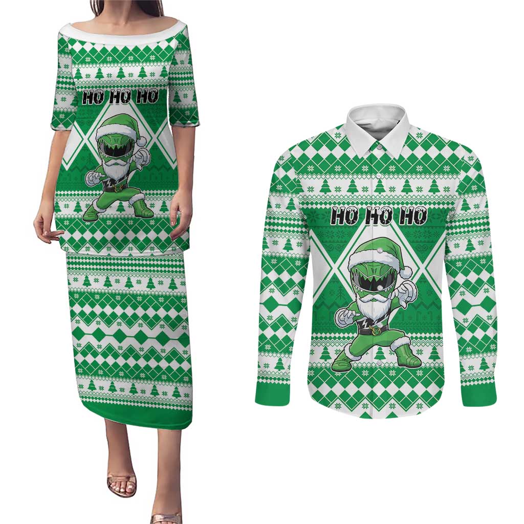 Personalized Power Green Ranger Santa Claus Couples Matching Puletasi and Long Sleeve Button Shirt Funny Christmas - Wonder Print Shop