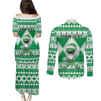 Personalized Power Green Ranger Santa Claus Couples Matching Puletasi and Long Sleeve Button Shirt Funny Christmas - Wonder Print Shop