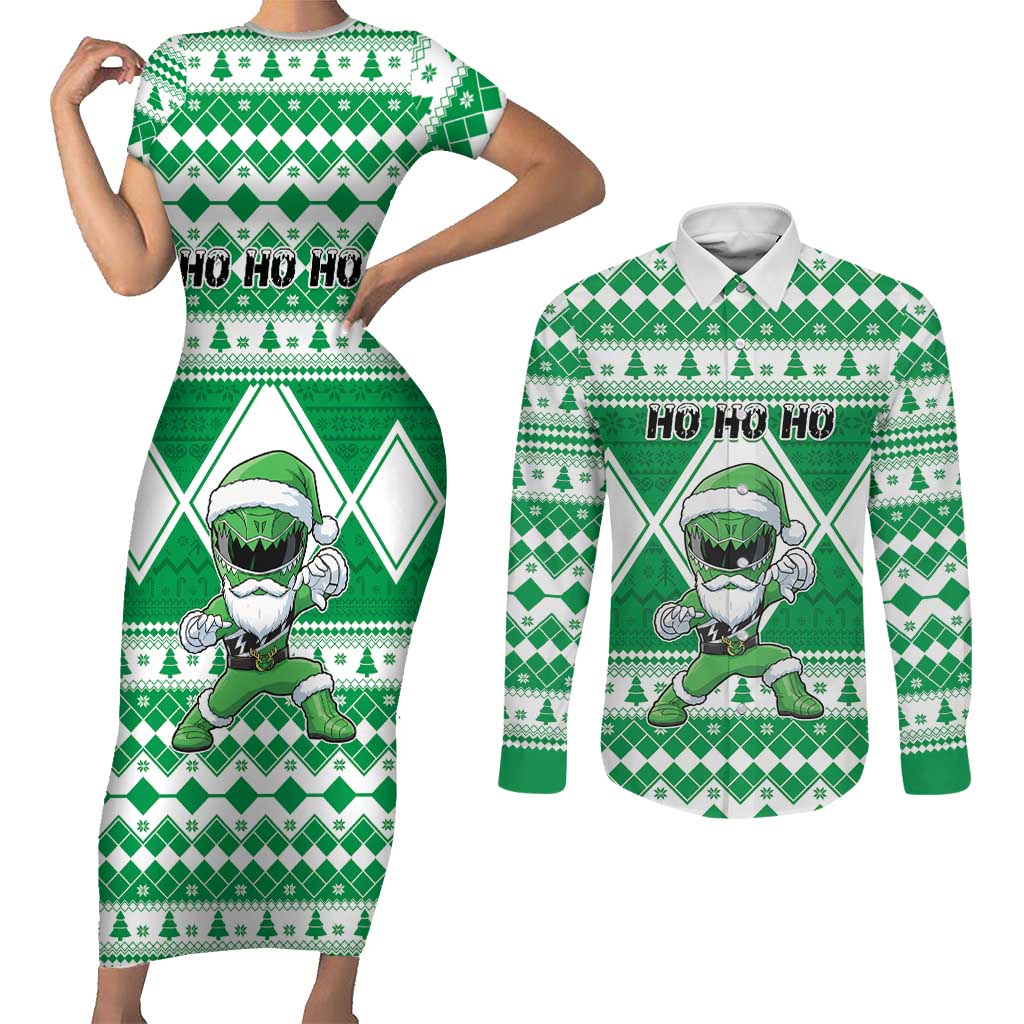 Personalized Power Green Ranger Santa Claus Couples Matching Short Sleeve Bodycon Dress and Long Sleeve Button Shirt Funny Christmas - Wonder Print Shop