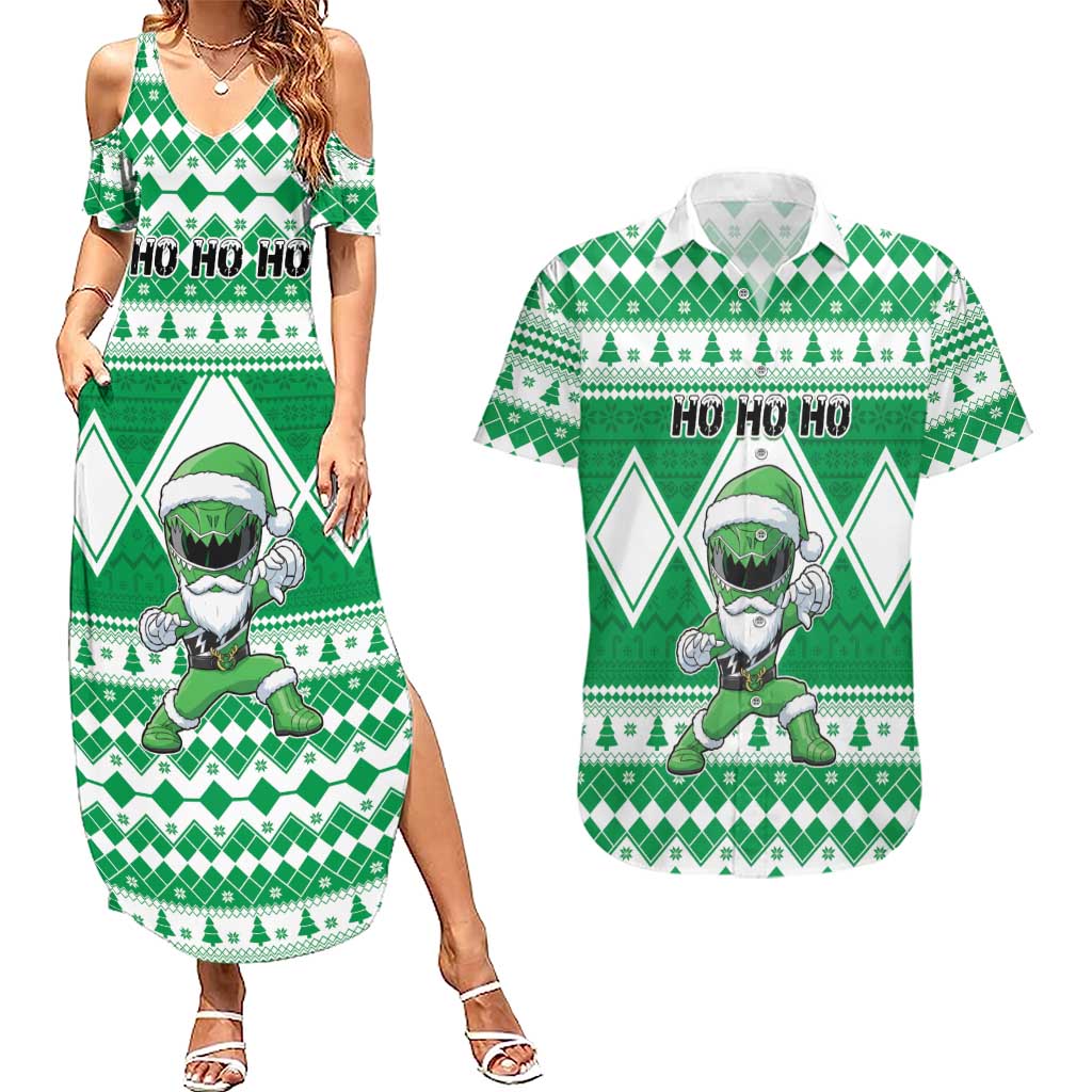 Personalized Power Green Ranger Santa Claus Couples Matching Summer Maxi Dress and Hawaiian Shirt Funny Christmas - Wonder Print Shop