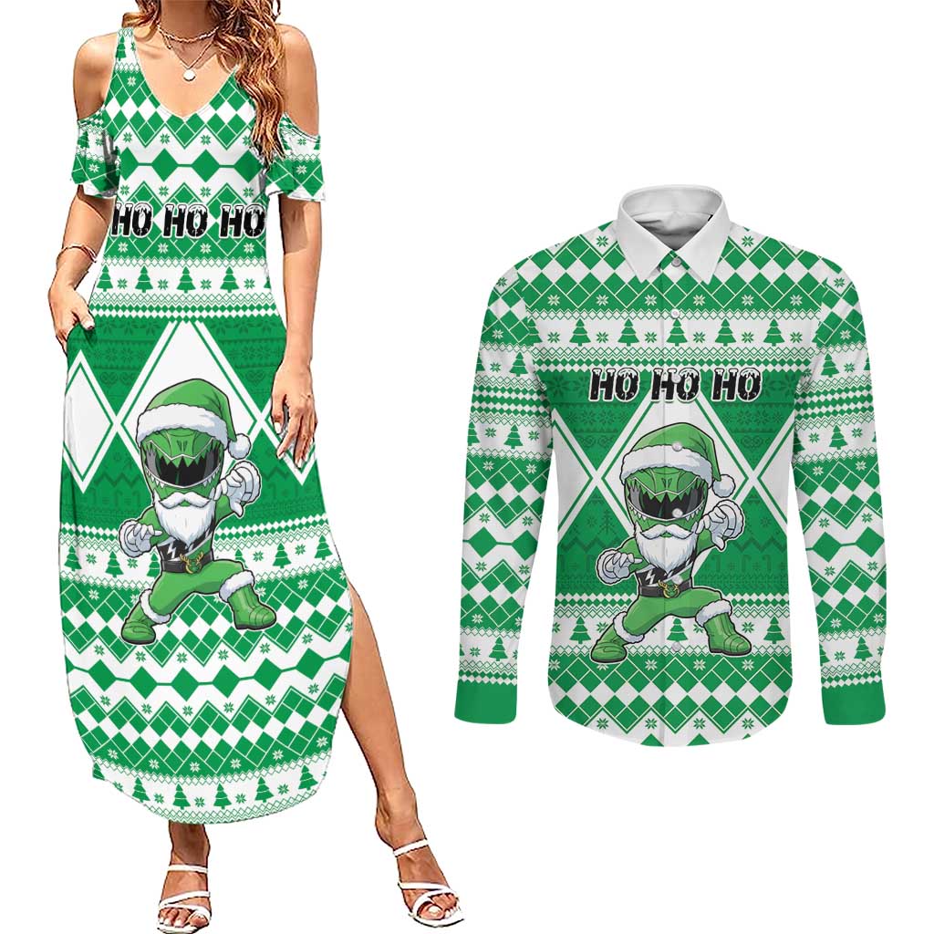 Personalized Power Green Ranger Santa Claus Couples Matching Summer Maxi Dress and Long Sleeve Button Shirt Funny Christmas - Wonder Print Shop