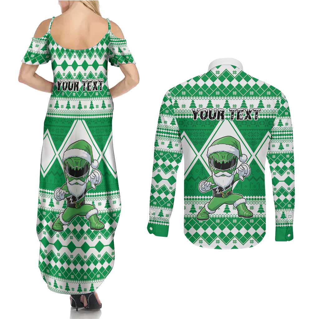Personalized Power Green Ranger Santa Claus Couples Matching Summer Maxi Dress and Long Sleeve Button Shirt Funny Christmas - Wonder Print Shop