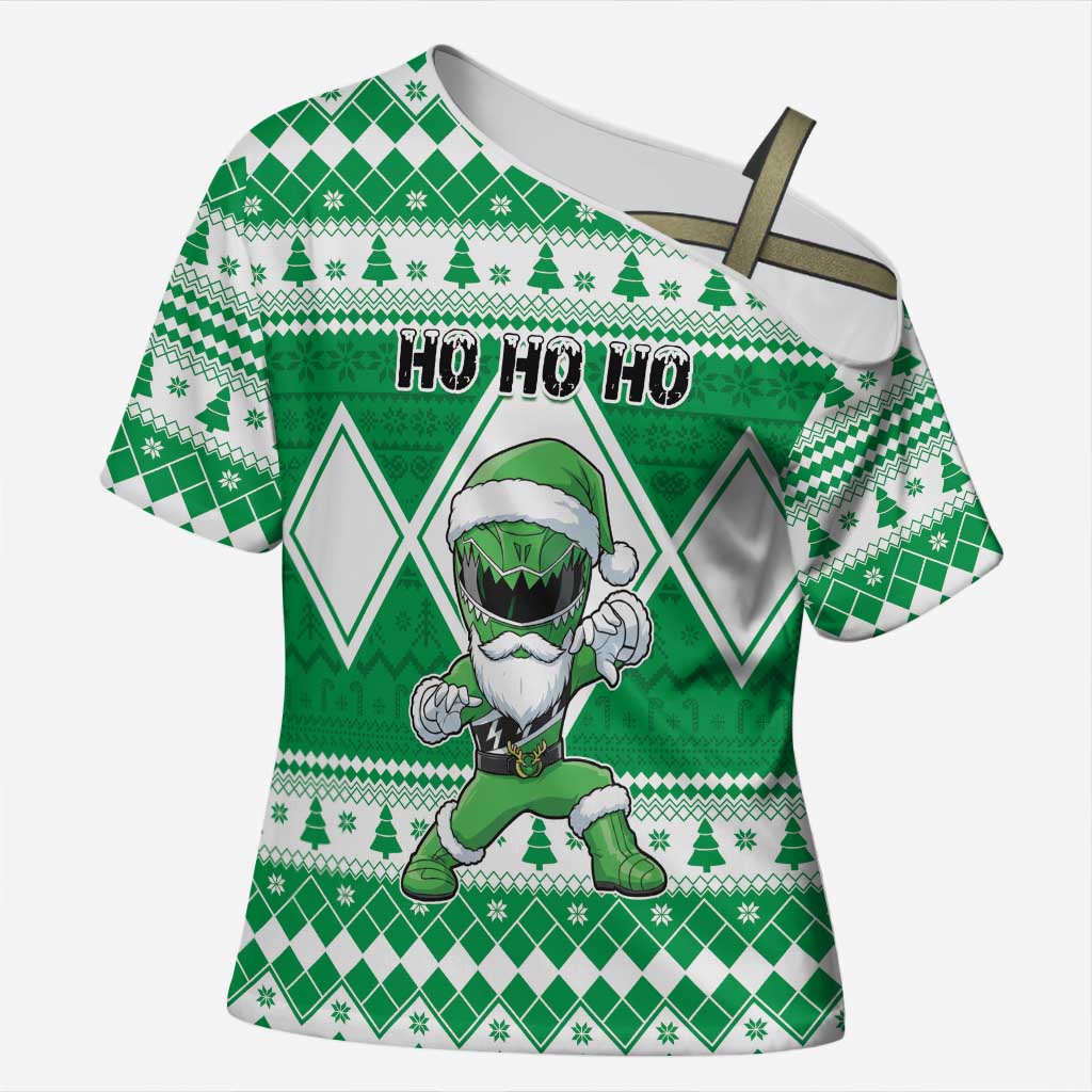 Personalized Power Green Ranger Santa Claus Cross Shoulder Shirt Funny Christmas - Wonder Print Shop