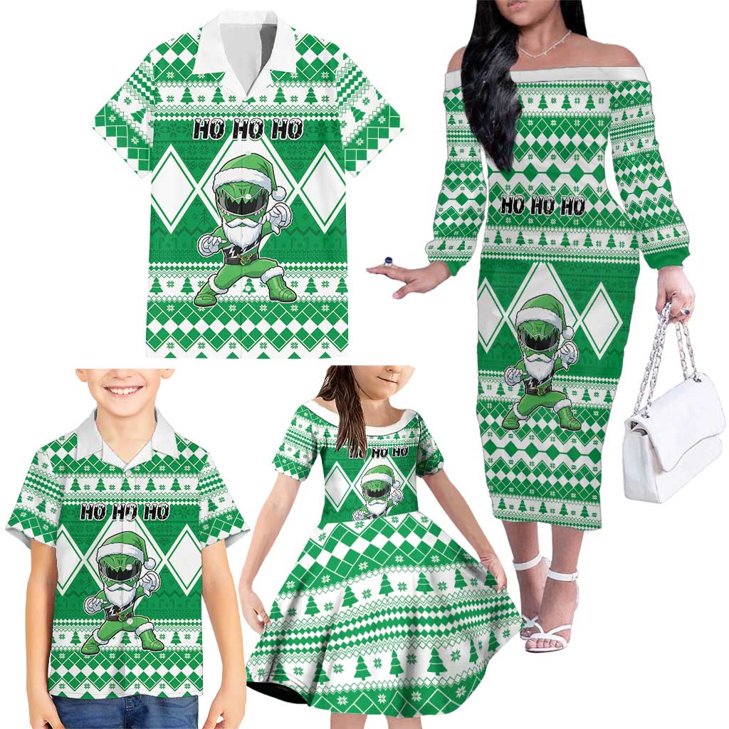 Personalized Power Green Ranger Santa Claus Family Matching Off The Shoulder Long Sleeve Dress and Hawaiian Shirt Funny Christmas - Wonder Print Shop
