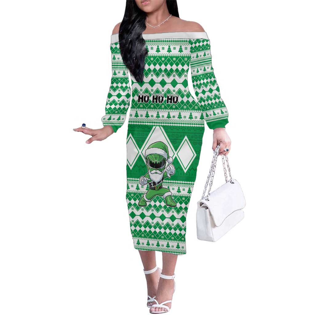 Personalized Power Green Ranger Santa Claus Family Matching Off The Shoulder Long Sleeve Dress and Hawaiian Shirt Funny Christmas - Wonder Print Shop