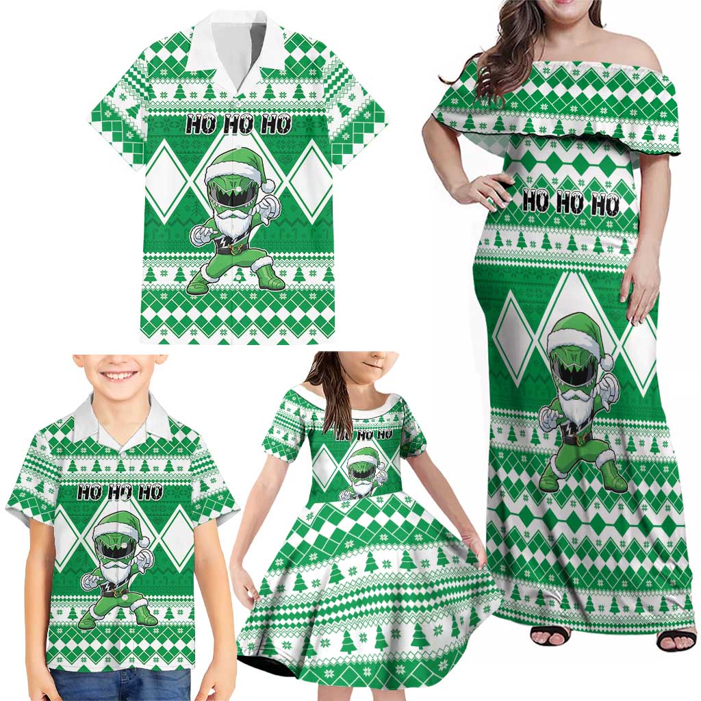 Personalized Power Green Ranger Santa Claus Family Matching Off Shoulder Maxi Dress and Hawaiian Shirt Funny Christmas - Wonder Print Shop