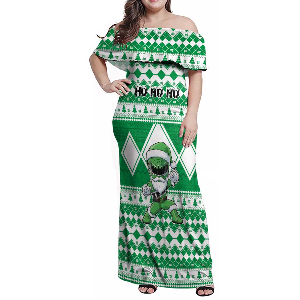 Personalized Power Green Ranger Santa Claus Family Matching Off Shoulder Maxi Dress and Hawaiian Shirt Funny Christmas - Wonder Print Shop