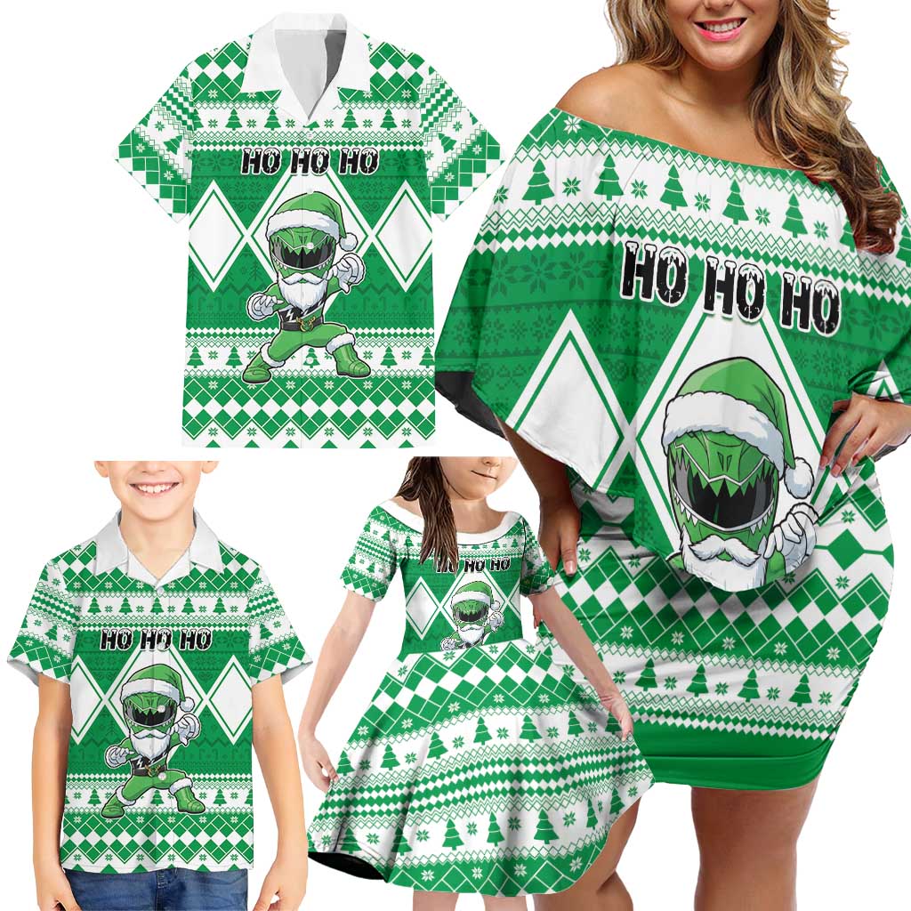 Personalized Power Green Ranger Santa Claus Family Matching Off Shoulder Short Dress and Hawaiian Shirt Funny Christmas - Wonder Print Shop