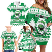 Personalized Power Green Ranger Santa Claus Family Matching Off Shoulder Short Dress and Hawaiian Shirt Funny Christmas - Wonder Print Shop