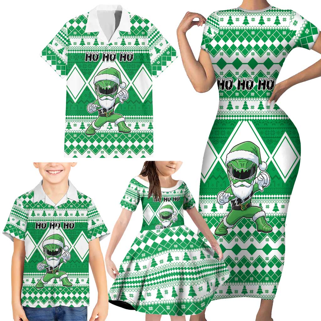 Personalized Power Green Ranger Santa Claus Family Matching Short Sleeve Bodycon Dress and Hawaiian Shirt Funny Christmas - Wonder Print Shop