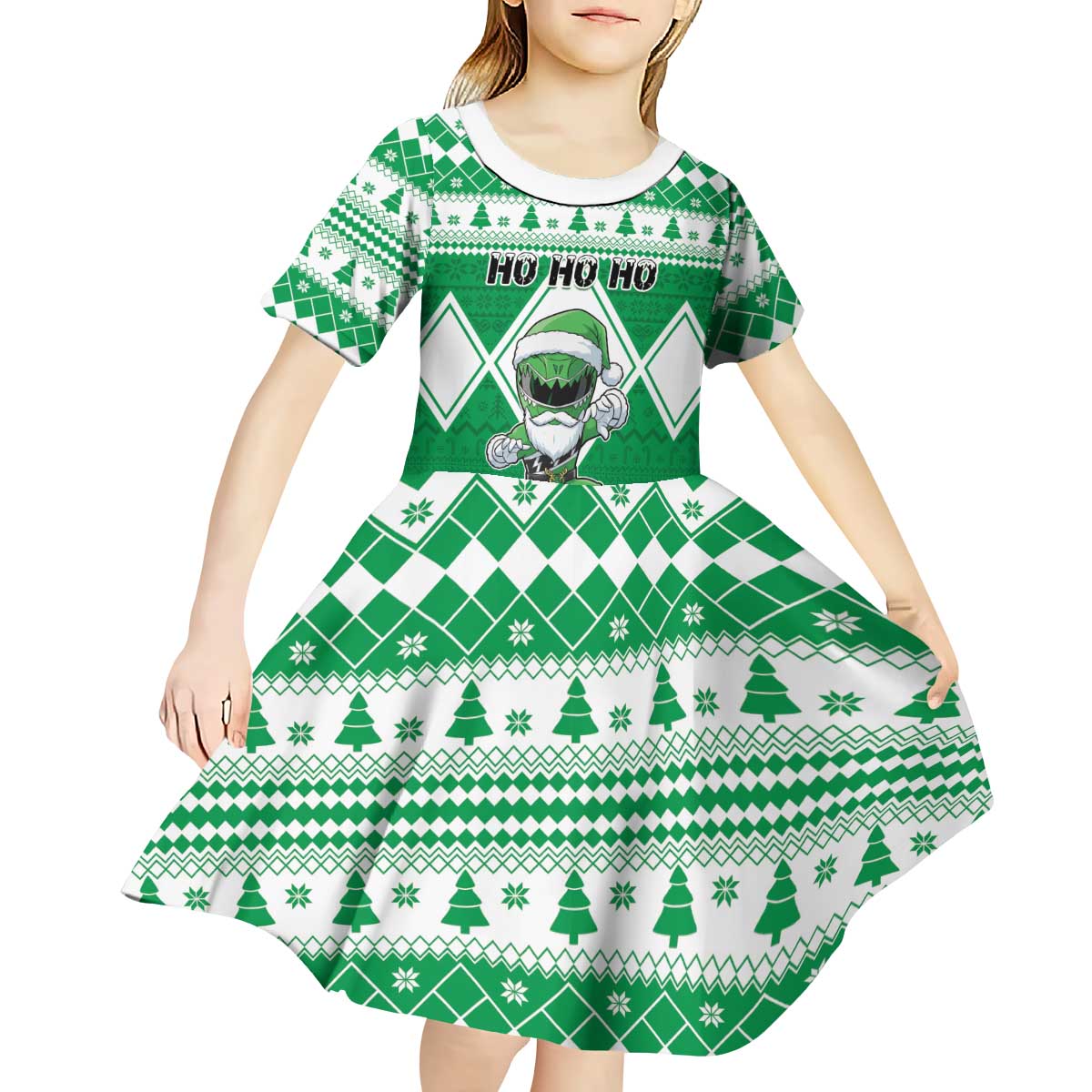 Personalized Power Green Ranger Santa Claus Kid Short Sleeve Dress Funny Christmas - Wonder Print Shop