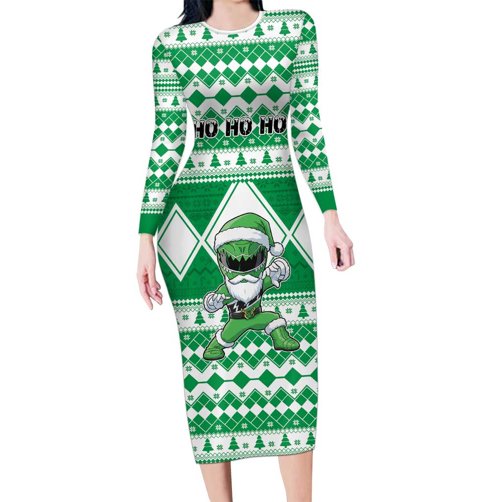 Personalized Power Green Ranger Santa Claus Long Sleeve Bodycon Dress Funny Christmas - Wonder Print Shop