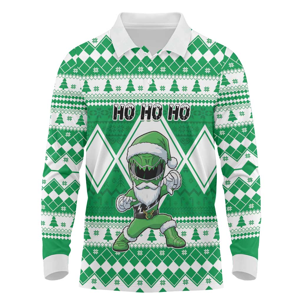 Personalized Power Green Ranger Santa Claus Long Sleeve Polo Shirt Funny Christmas - Wonder Print Shop