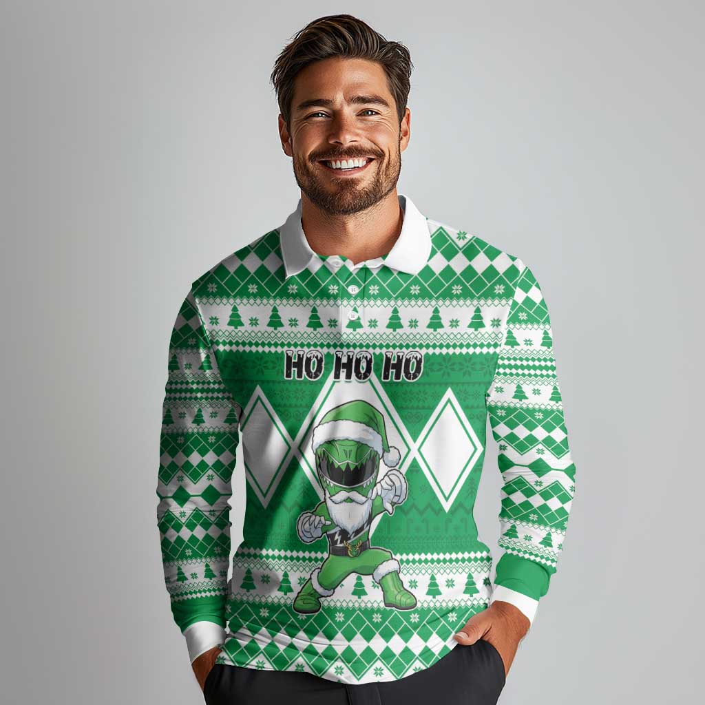 Personalized Power Green Ranger Santa Claus Long Sleeve Polo Shirt Funny Christmas - Wonder Print Shop