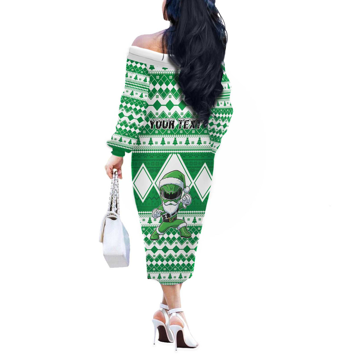Personalized Power Green Ranger Santa Claus Off The Shoulder Long Sleeve Dress Funny Christmas - Wonder Print Shop
