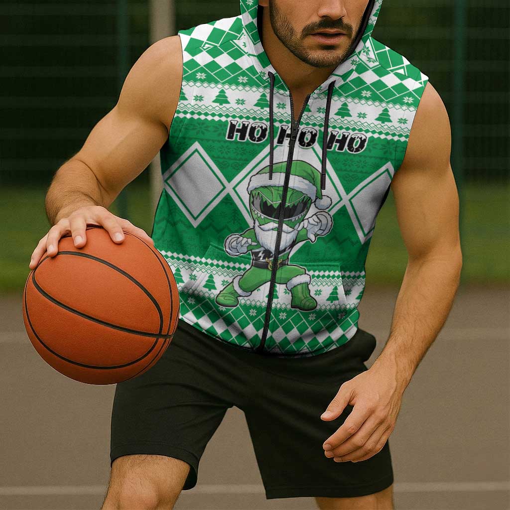 Personalized Power Green Ranger Santa Claus Sleeveless Zip Hoodie Funny Christmas - Wonder Print Shop